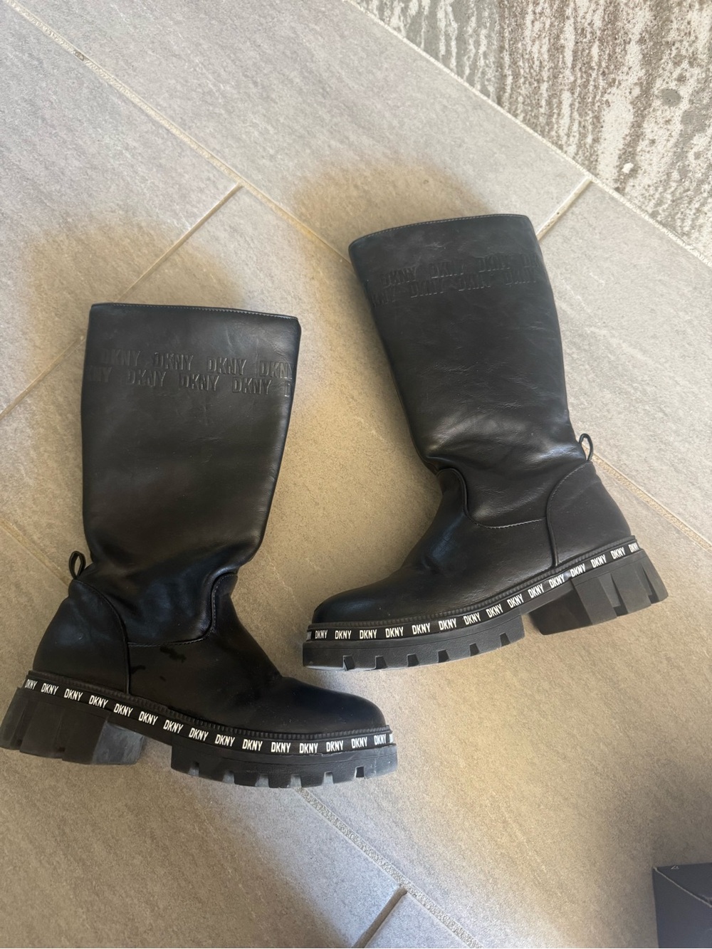 DKNY Black Leather Mid-Calf Lug-Trim Boots